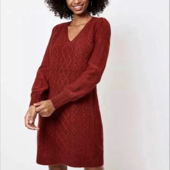 LOFT Dresses & Skirts - Loft Wool Puff Sleeve Cable Knit Burgundy Sweater Dress  Women's size M …